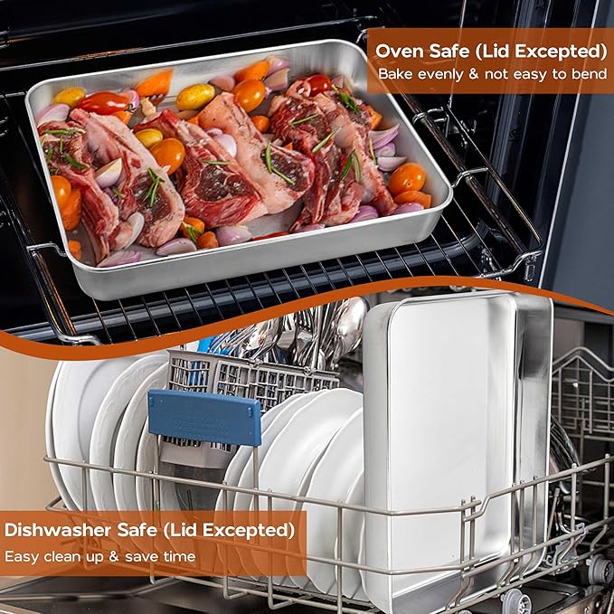 9¾ x 12½ x 2 Inch Baking Pans Set, Stainless Steel Retangle Sheet Cake Lasagna Pan with Lid, Deep & Non Toxic, Set of 4