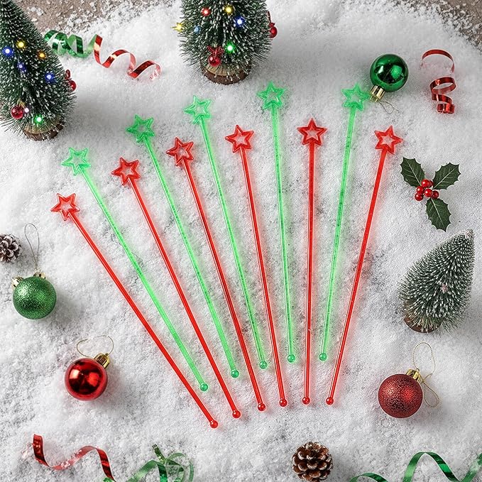 Mudder 100 Pieces 9.1 Inch Christmas Swizzle Sticks Cocktail Stirrers Plastic for Bar Disposible Plastic Star Top Crystal Swizzle Sticks for Christmas Party(Two Colors)