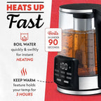 Gourmia Electric Programmable Glass Kettle – 1.7L Temperature Control Tea & Coffee Kettle with Digital Touch Display, 6 Presets, Keep Warm, Removable Stainless Steel Infuser, 360° Swivel Base – Black