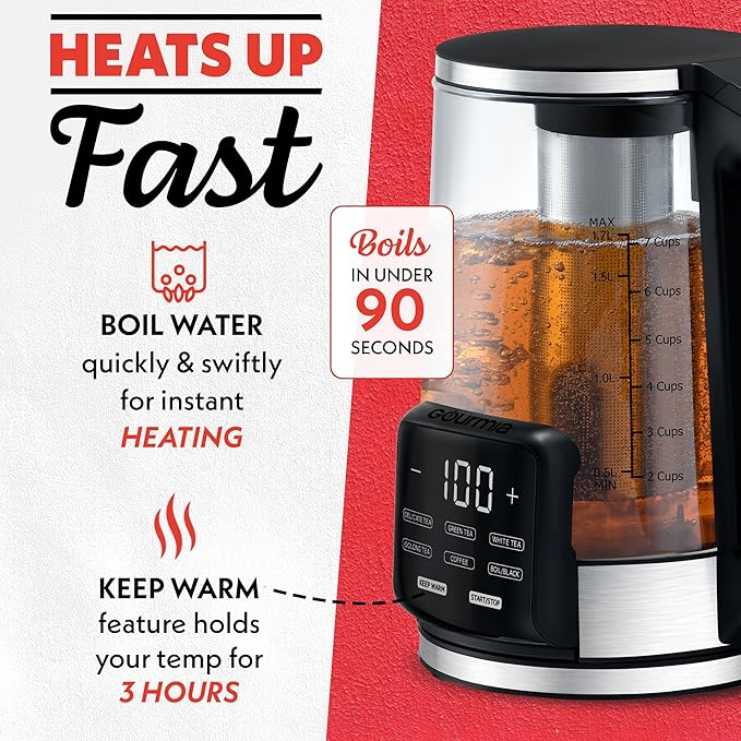 Gourmia Electric Programmable Glass Kettle – 1.7L Temperature Control Tea & Coffee Kettle with Digital Touch Display, 6 Presets, Keep Warm, Removable Stainless Steel Infuser, 360° Swivel Base – Red
