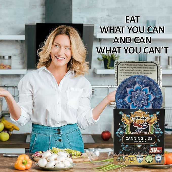 Supa Ant Thickest Canning Lids Wide Mouth (50 Pcs) Food Grade Tin Can Lids for Canned Food-Buckle Proof & Rust Proof Lid for Canning Kit for Wide Mouth Mason Jars (Turquoise Barrette) Canning Supplies