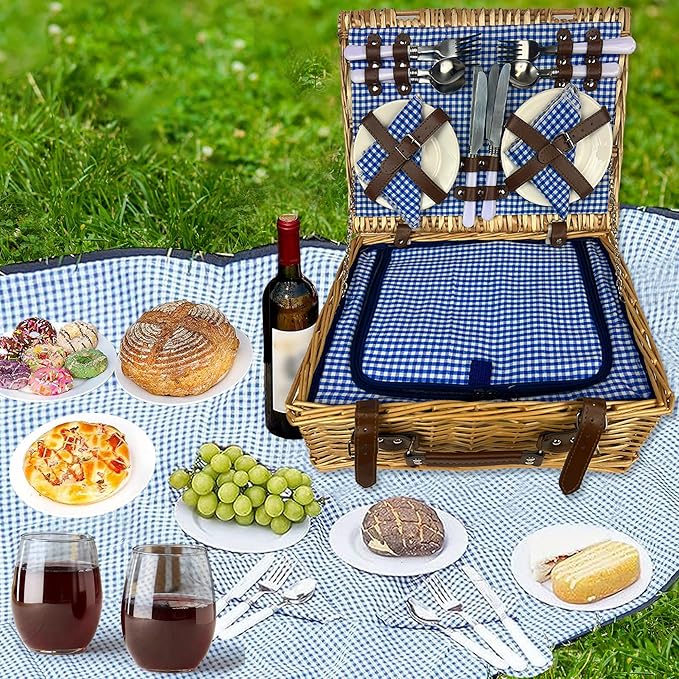 Nature Gear Picnic Basket, Wicker Basket with Handle for Outdoors, Insulated Woven Basket, Includes a Service Kit of Dinnerware & Wine Glasses, Picnic Basket Set for 4 with Blanket, Blue & White
