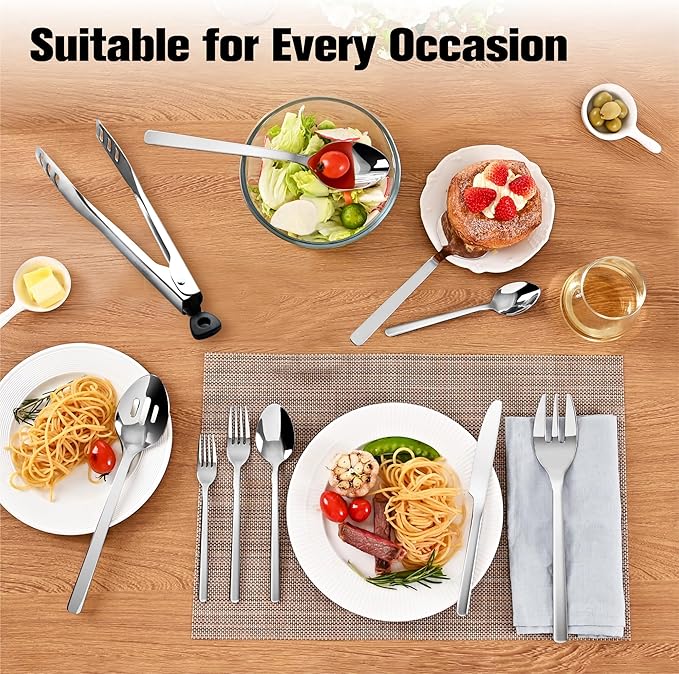 KINGSTONE Silverware Set With Serving Utensils, 65 Piece Flatware for 12, 18/10 Cutlery With 5 Piece Serving Utensil Set - Modern and Original Design, Dishwasher Safe