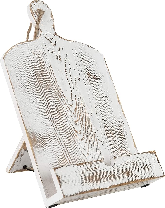 MyGift Recipe Book Holder, Whitewashed Wood Cutting Board Style Cookbook Holder, Wooden Book Stands for Display