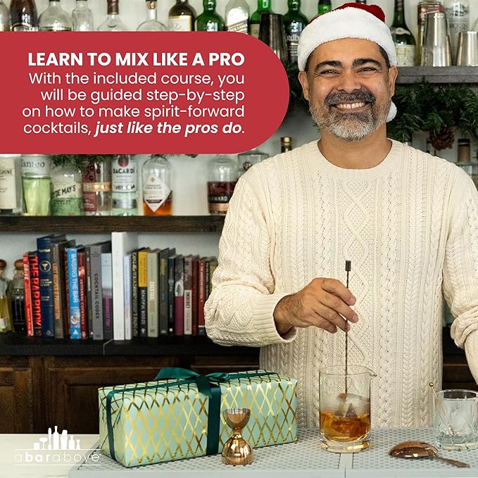 A Bar Above 10 Piece Cocktail Mixing Glass Set, Lead Free Cocktail Set with Mixing Glass, Bar Spoon, Julep Strainer, Bell Jigger and Picks, Bar Accessories, Ideal for Martinis, Whiskey and Negronis