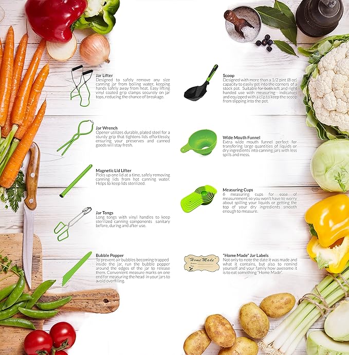 Supa Ant Canning Supplies - US Assembled Certified Food Grade Stainless Steel Canning Kit with XL Ladle, Wide Kitchen Funnel, Jar Lifter and Wrench, Bubble Popper/Measurer, Lid Lifter, Kitchen Tongs