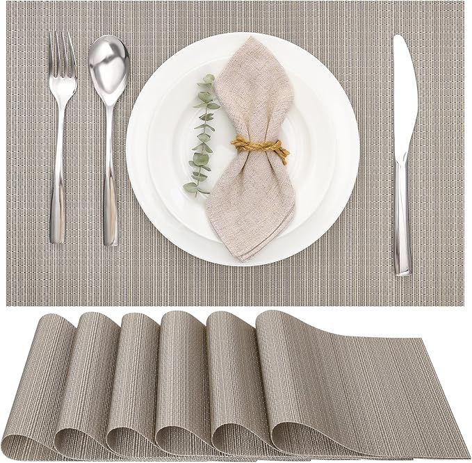 Myir JUN Placemats Set of 6, Vinyl Woven Placemats Place Mats Indoor Washable Table Mats Non-Slip Place mats for Dining Table (Golden Silver, Set of 6)