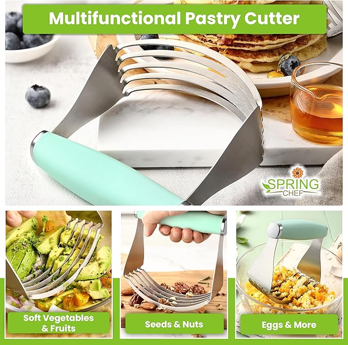Spring Chef XL Stainless Steel Pastry Cutter Tool for Baking - Heavy Duty Dough Blender - Butter & Dough Cutter Tool with Sharp Blades - Pastry Blender for Easy Mixing - Dishwasher Safe - Mint