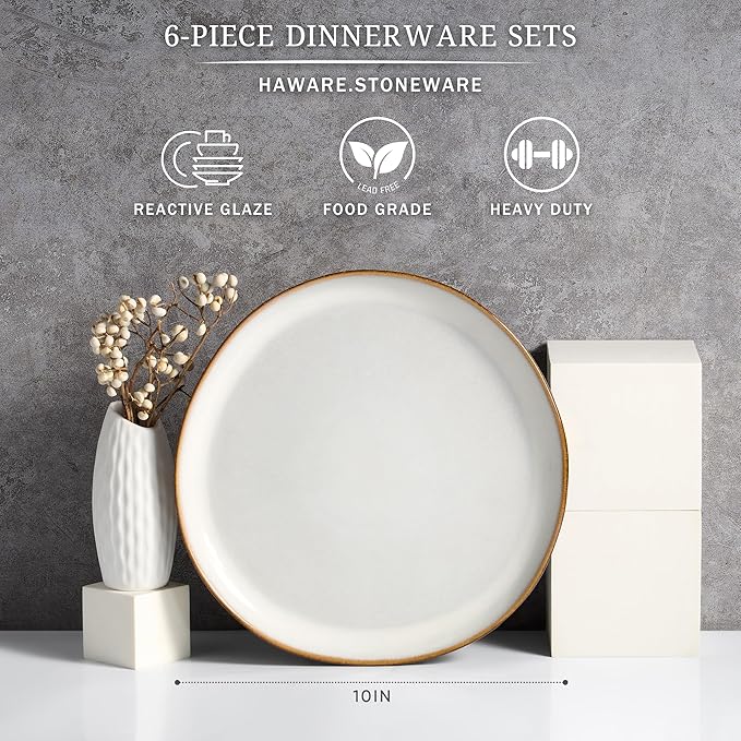 HaWare Stoneware Dinner Plates Set of 6, 10" Heavy Duty Ceramic Plates, Reactive Glaze Dinnerware for Home Restaurant, Chip and Scratch Resistant, Microwave and Dishwasher Safe, Reactive Pearl White