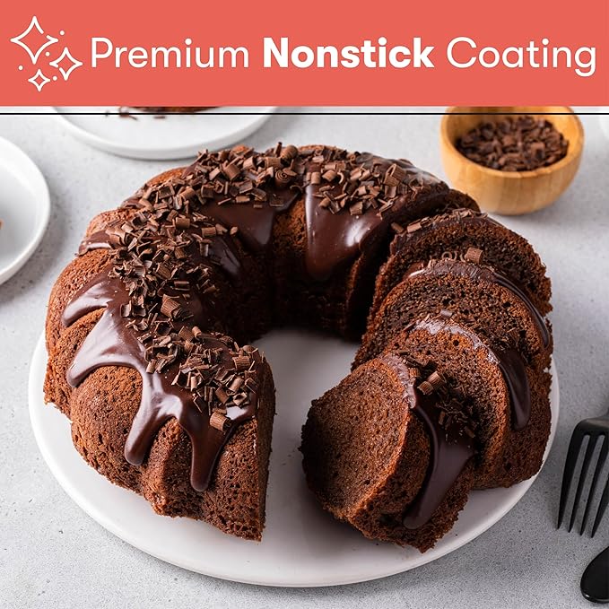 Cooking Light Heavy Duty Nonstick Bakeware Carbon Steel Fluted Tube Bundt Pan with Quick Release Coating, Manufactured without PFOA, Dishwasher Safe, Oven Safe, 9-Inch, Gray