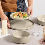 Herogo 8 Piece Dinnerware Sets with Double Bowls, Ceramic Dinner Dishware for 2, Stoneware Plate and Bowls Set for Kitchen Dining, Microwave & Dishwasher Safe, Speckled Khaki