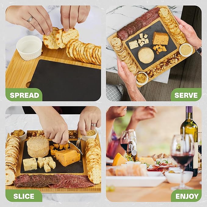 Charcuterie Board Gift Set, Expandable Bamboo Cheese Board with Stainless Steel Serving Utensils, Ceramic Bowls, Appetizer and Serving Trays, Utensil Trays - Housewarming 2 Drawers