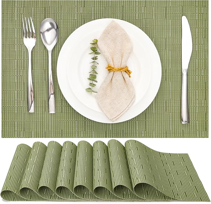 Myir JUN Placemats Set of 8, Vinyl Woven Placemats Place Mats Indoor Set of 8 Washable Table Mats Non-Slip Place mats for Dining Table (Green, Set of 8)