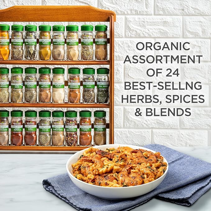 McCormick Gourmet Three Tier Wood 24 Piece Organic Spice Rack Organizer with Spices Included, 27.6 oz