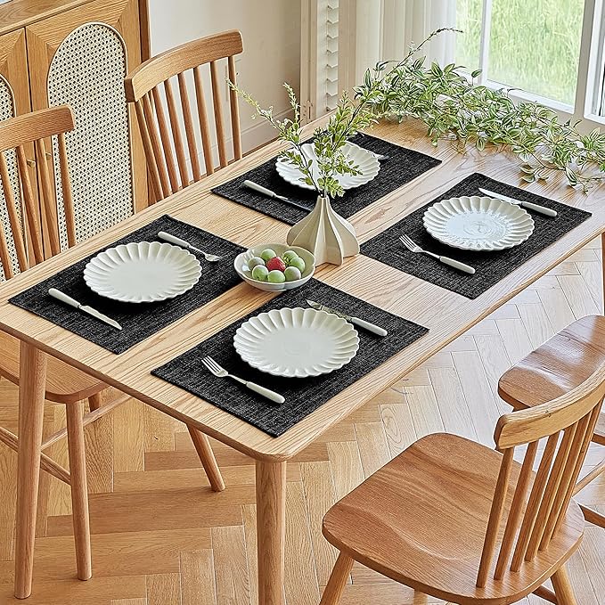 Softalker Faux Linen Placemats Set of 12-12 x 18 Inch, Heat Resistant Double Layered Durable Burlap Farmhouse Place Mats, Non-Slip Washable Rustic Table Mats for Dining, Kitchen, Party（Black