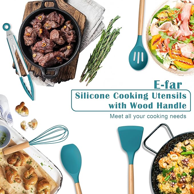 E-far Blue Silicone Cooking Utensils Set, 10-Piece Kitchen Utensils Set with Wooden Handle for Nonstick Cookware, Heat Resistant Kitchen Nonstick Tools Spatula Whisk Tongs Ladle, Non-toxic & Healthy