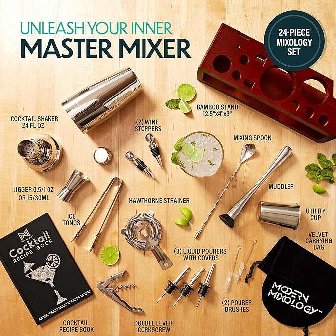 Modern Mixology 21-Piece Cocktail Shaker Set with Stand, Bartender Kit for Home Bar Accessories: 24oz Martini Shaker, Jigger, Strainer, Bar Spoon, Tongs, Opener, Muddler (Silver, Dark Brown Stand)