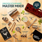 Modern Mixology 21-Piece Cocktail Shaker Set with Stand, Bartender Kit for Home Bar Accessories: 24oz Martini Shaker, Jigger, Strainer, Bar Spoon, Tongs, Opener, Muddler (Silver, Dark Brown Stand)