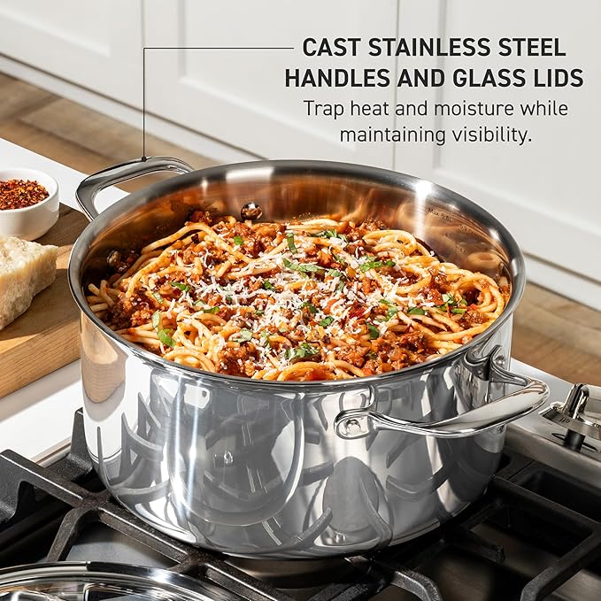 T-fal Pro Tri-Ply Stainless Steel Dutch Oven with Lid 6 Quart, Induction Compatible, Oven Safe 500F, Lid 350F, Cookware, Fast & Even Heat, Professional Quality & Durability, Dishwasher Safe, Silver