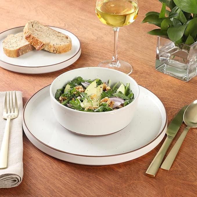 Gibson Elite Northrock Stoneware Dinnerware Set, 16-Piece Service for 4 Plates and Bowls Set – White Dishes with Hand-Painted Terracotta Base