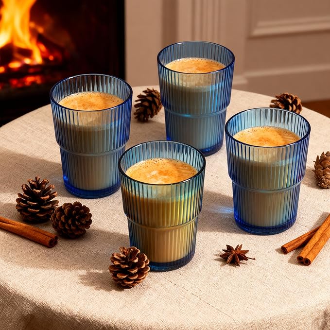 Blue Ribbed Glass Set of 4 14oz Highball Glass Stackable Vintage Durable for Water, Seltzer, Sparkling, Elegant Everyday Glassware