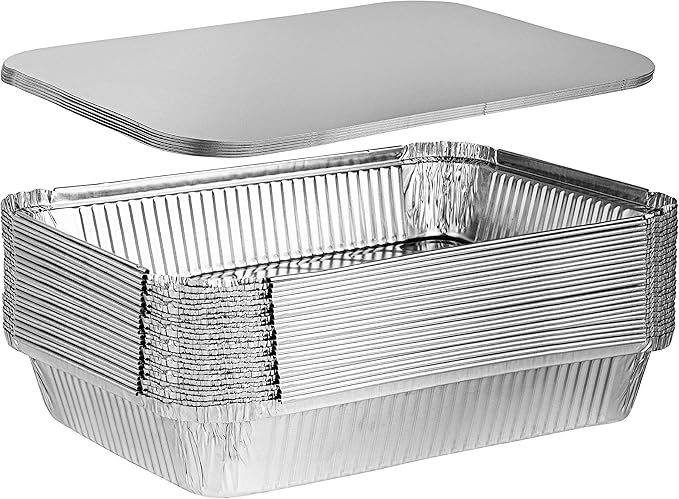 PLASTICPRO Disposable 4 LB Aluminum Takeout Tin Foil Oblong Baking Pans 12'' X 8'' X 2'' Inch With Cardboard Lids Bakeware - Cookware Perfect for Cakes, Lasagna, or Pack of 10 Pans and 10 Lids