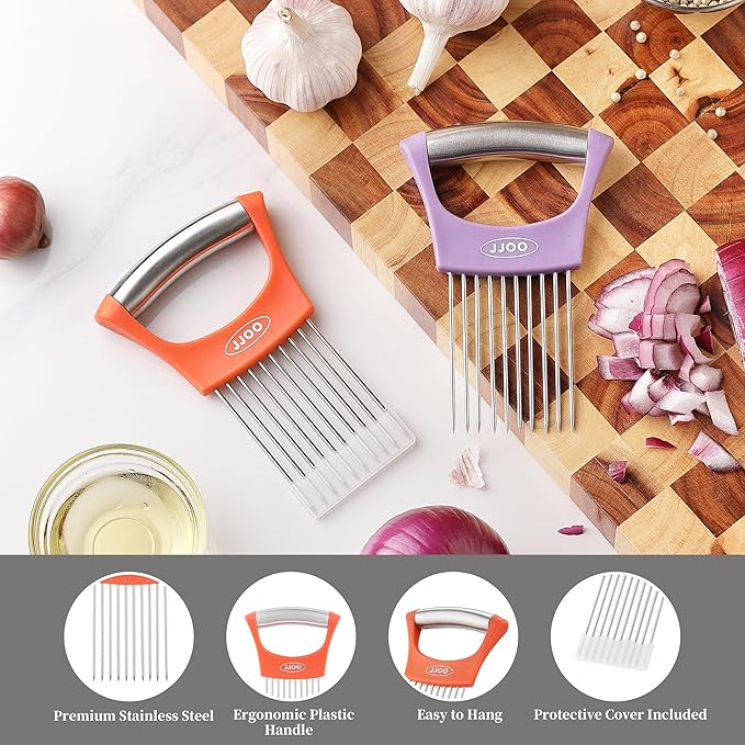 2PCS Onion Slicer Holder, JJOO Stainless Steel Onion Cutter for Slicing and Storage Onions, Tomato, Eggs and Vegetables, Protective Cover Included, Dishwasher Safe (Stylish orange+ Purple Color)
