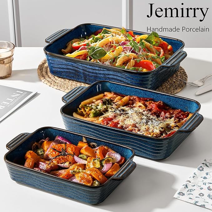 Kiln-Transformed Blue Ceramic Baking Dish Set of 3, Casserole Dishes for Oven, Square Porcelain Bakeware Set with Handles, Lasagna Baking Pan for Cooking, Perfect for Baking and Serving, Housewarming, Halloween, Thanksgiving, Christmas, New Year