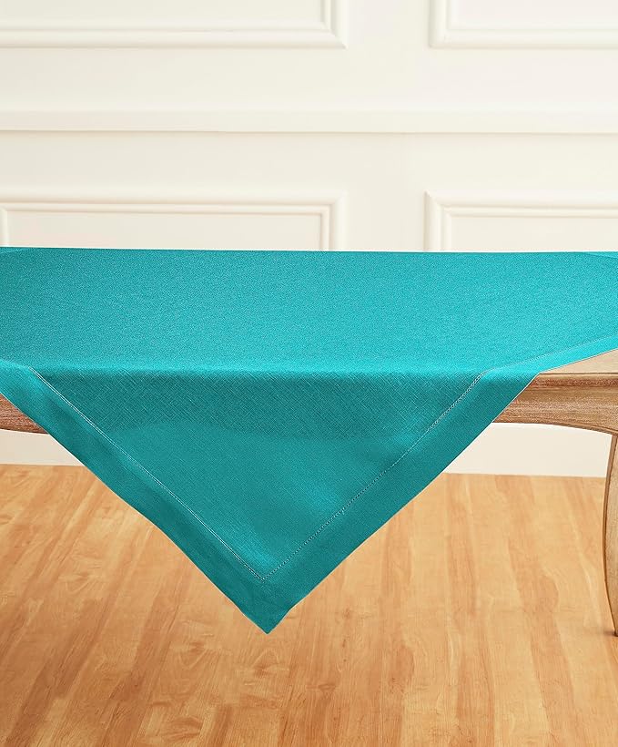 Solino Home Linen Square Tablecloth 52 x 52 Inch - 100% Pure Linen Teal Table Throw - Classic Hemstitch, Machine Washable Table Cloth for Summer, Fall, Autumn