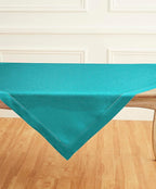 Solino Home Linen Square Tablecloth 52 x 52 Inch - 100% Pure Linen Teal Table Throw - Classic Hemstitch, Machine Washable Table Cloth for Summer, Fall, Autumn