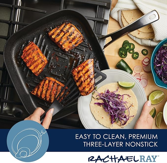 Rachael Ray Cook + Create Hard Anodized Nonstick Deep Grill Pan/Griddle, 11 Inch - Black