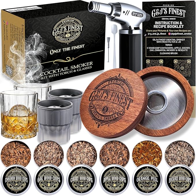 Whiskey Smoker Kit | Cocktail Smoker Kit| Bourbon Smoker Kit| Old Fashioned Smoker Kit with Torch & Glasses, 6 Wood Chips & Gift Box for Smoking Drinks| Whiskey Gift for Men (No Butane Incl.)