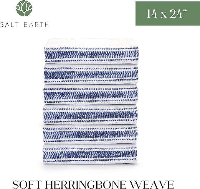 Salt Earth Kitchen Towels Cotton Dish Towel Size 24x14 Inches Set of 6 100% Ring Spun Cotton Absorbent Quick Dry Herringbone Weave Lint Free Washable Dishcloth Hanging Loop Color White & Blue Stripe