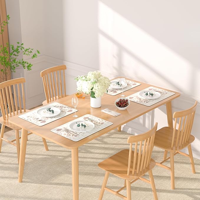 QIYI Placemats Set of 6, 12x18 Inch PU Leather Place Mats for Kitchen Dinning, Heat Resistant Anti Slip Floral Table Mats, Waterproof Wipeable Washable Placemat Party Beige Table Décor, Pink Flowers