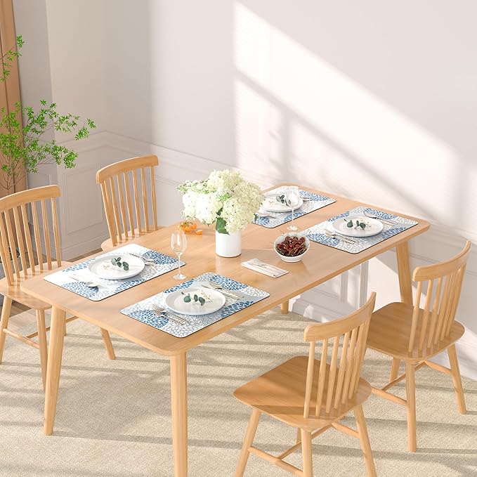 QIYI Placemats Set of 6, 12x18 Inch PU Leather Place Mats for Kitchen Dinning, Heat Resistant Anti Slip Flower Table Mats, Waterproof Wipeable Washable Placemat Party Table Décor, Blue Floral Burst