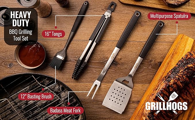 Heavy Duty BBQ Grilling Tool Set, Premium Soft Grip Tongs, Spatula with Bottle Opener and Serrated Edge, Barbecue Meat Fork, Stainless Steel Basting Brush, Premium BBQ Utensils Set (4 Piece)