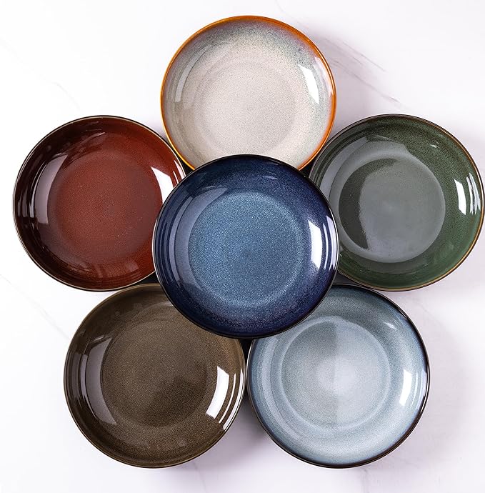 LERATIO Large Pasta Bowls,38oz Ceramic Pasta Bowls,9.0" Reactive Glaze Pasta Bowl Set of 6,Microwave & Dishwasher,Oven Safe,Wide Serving Bowls for Salad,Pasta,Fruit,Scratch Resistant-Colorful