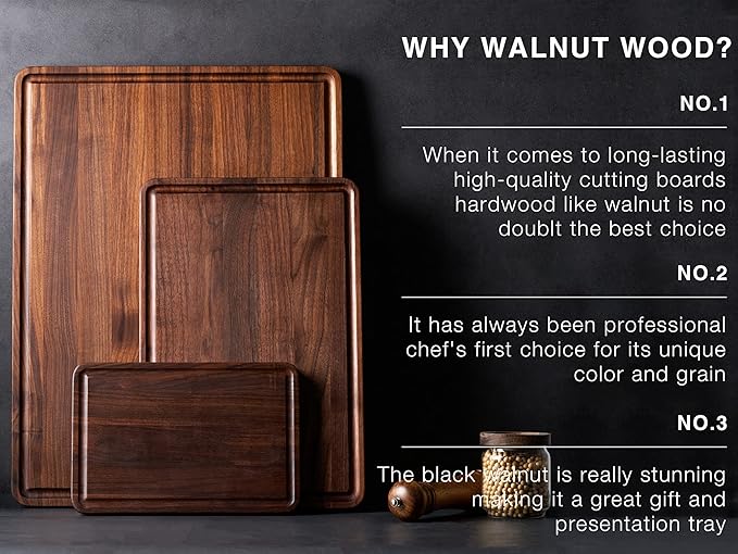 AZRHOM XL Large Walnut Wood Cutting Board for Kitchen 20x15 (Gift Box) with Juice Groove Handles Non-slip Mats Thick Reversible Butcher Block Chopping Board