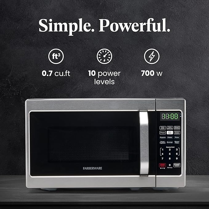 Farberware Countertop Microwave 700 Watts, 0.7 Cu. Ft. - Microwave Oven With LED Lighting and Child Lock - Perfect for Apartments and Dorms - Easy Clean Stainless Steel