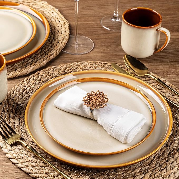 LERATIO Ceramic Dinnerware Sets for 4,12 Pieces Poreclain Plates and Bowls Sets,Scratch Resistant Dishes,Dishwasher & Microwave Safe,Oven Safe Dishes Set,Service for 4-Kahki