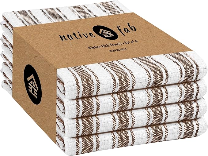 Native Fab Stripe Kitchen Towel - 4 Pack - Basket Weave 100% Cotton Dish Towels - 16x26 inches - Absorbent Towels for Cleaning, Quick Drying, Washable Dish Cloths with Hanging Loop - Brown
