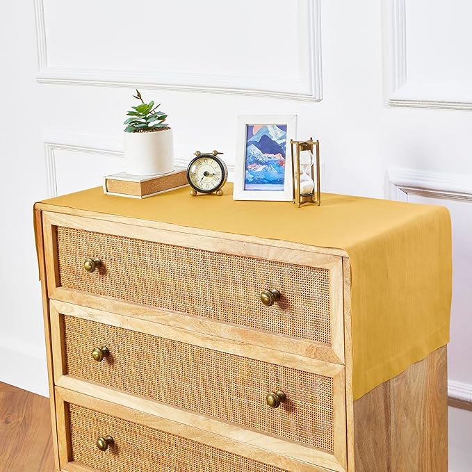 Solino Home Linen Mustard Yellow Table Runner 36 Inches - 100% Pure Linen Farmhouse Short Table Runner 14 x 36 Inch Ideal for Dresser and Coffee Tables - Summer - Fete