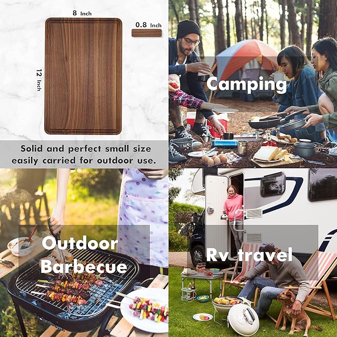 AZRHOM Small Walnut Wood Cutting Board for Kitchen 12x8 in (Gift Box) with Juice Groove Handles Non-slip Mats Thick Reversible Butcher Block Chopping Board