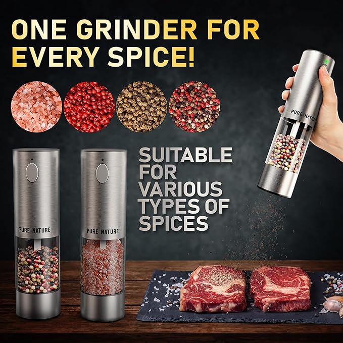 Pure Nature Salt and Pepper Grinder Set with rechargeable base. Premium Stainless Steel up-graded larger capacity with LED Lights, 5 Adjustable Coarseness, Refillable, Type-C Fast Charging.