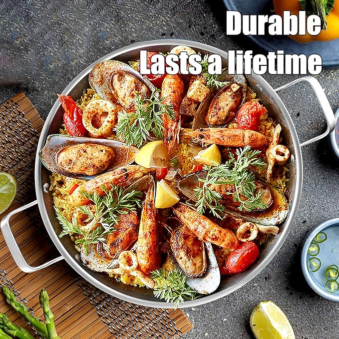 14 Inch Paella Pan with Lid - Premium Stainless Steel Paellera | Large Everyday Frying Pan & Skillet for 8-10 Personas