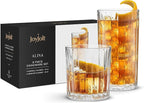 JoyJolt Drinking Glasses Set of 8, Alina Ribbed Glassware. 12oz Rocks Glass and 14oz Highball Glass set. Cocktail Glasses, Iced Coffee Cup or Water cups. Heavy Base Glassware Set