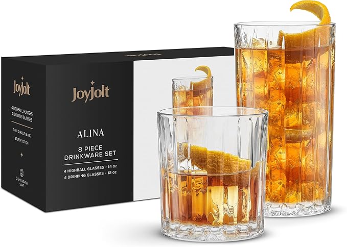 JoyJolt Drinking Glasses Set of 8, Alina Ribbed Glassware. 12oz Rocks Glass and 14oz Highball Glass set. Cocktail Glasses, Iced Coffee Cup or Water cups. Heavy Base Glassware Set