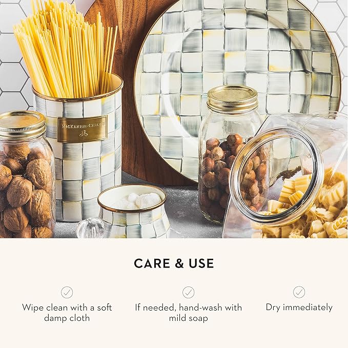 MACKENZIE-CHILDS Large Enamel Canister, Kitchen Storage Container for Flour and Sugar, 1.89 Liters, Grey-and-White Sterling Check