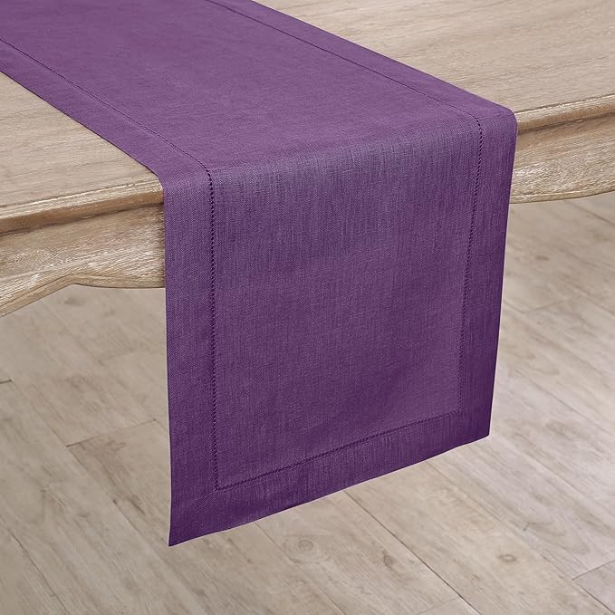 Solino Home Linen Purple Table Runner 60 Inches - Classic Hemstitch, 100% Pure Linen Coffee Table Runner 14 x 60 Inch Ideal for Dresser Tables - Summer, Fall, Autumn, Halloween