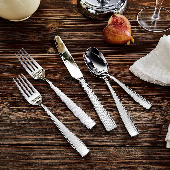 KEAWELL Premium 20/45/65 Piece Louis Hammered Silverware Set with Squared Edge, 18/10 Stainless Steel, Service for 4/8/12, Fine Flatware Set, Dishwasher Safe (45)